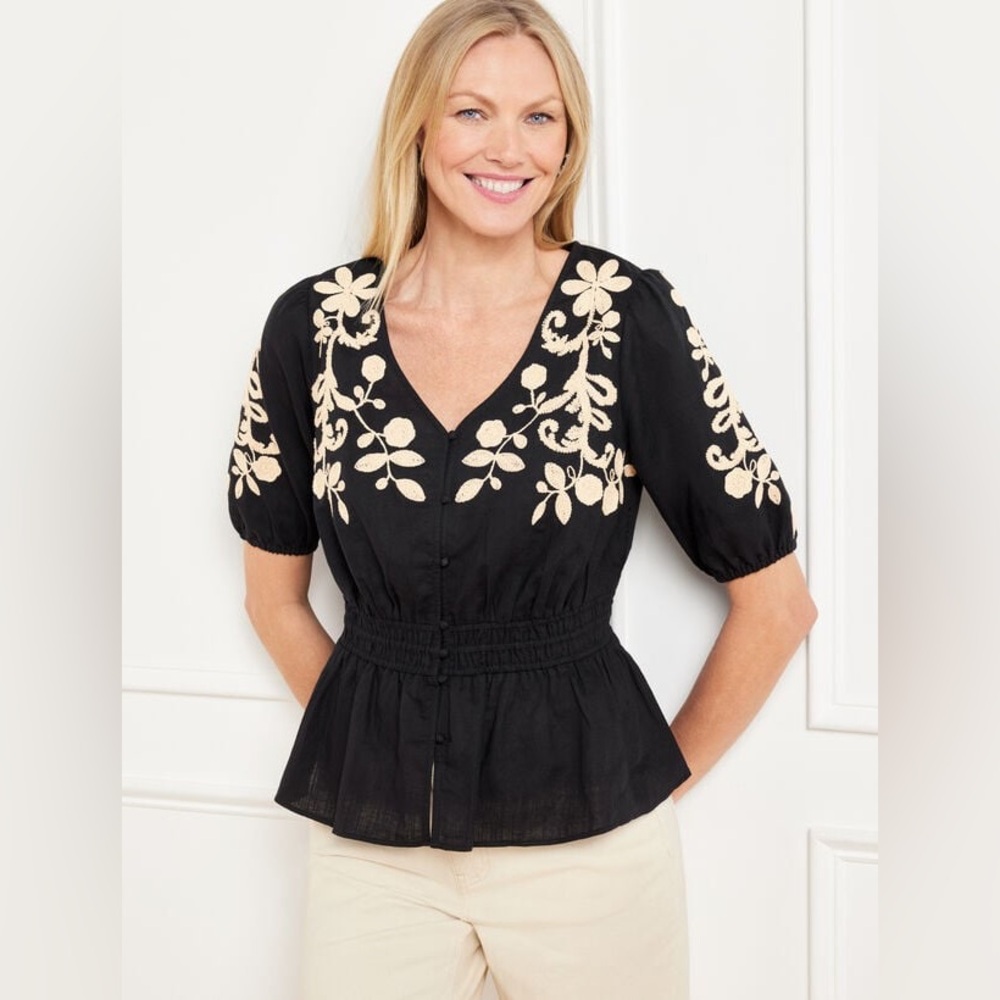 Talbots-Black Blouse with Cream Floral Design Size L‎